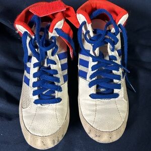 Adidas wrestling shoes with Red and Blue Accents